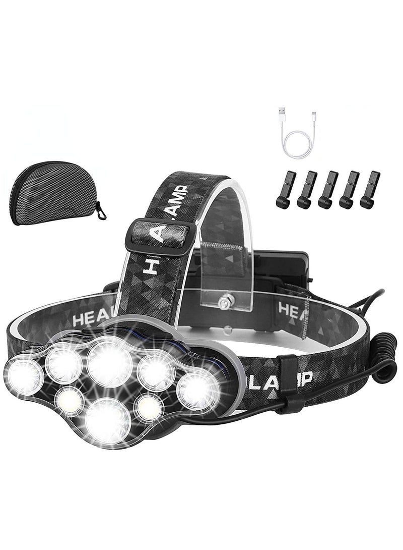 Head Torch Super Bright Headlight 18000 Lumens 8 LED 8 Modes Headlamp Rechargeable Waterproof with Red Flash Light Head Torch for Camping Fishing Running