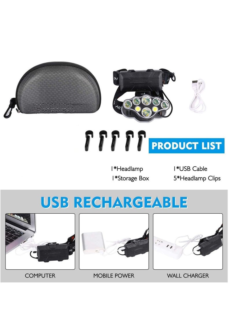 Head Torch Super Bright Headlight 18000 Lumens 8 LED 8 Modes Headlamp Rechargeable Waterproof with Red Flash Light Head Torch for Camping Fishing Running