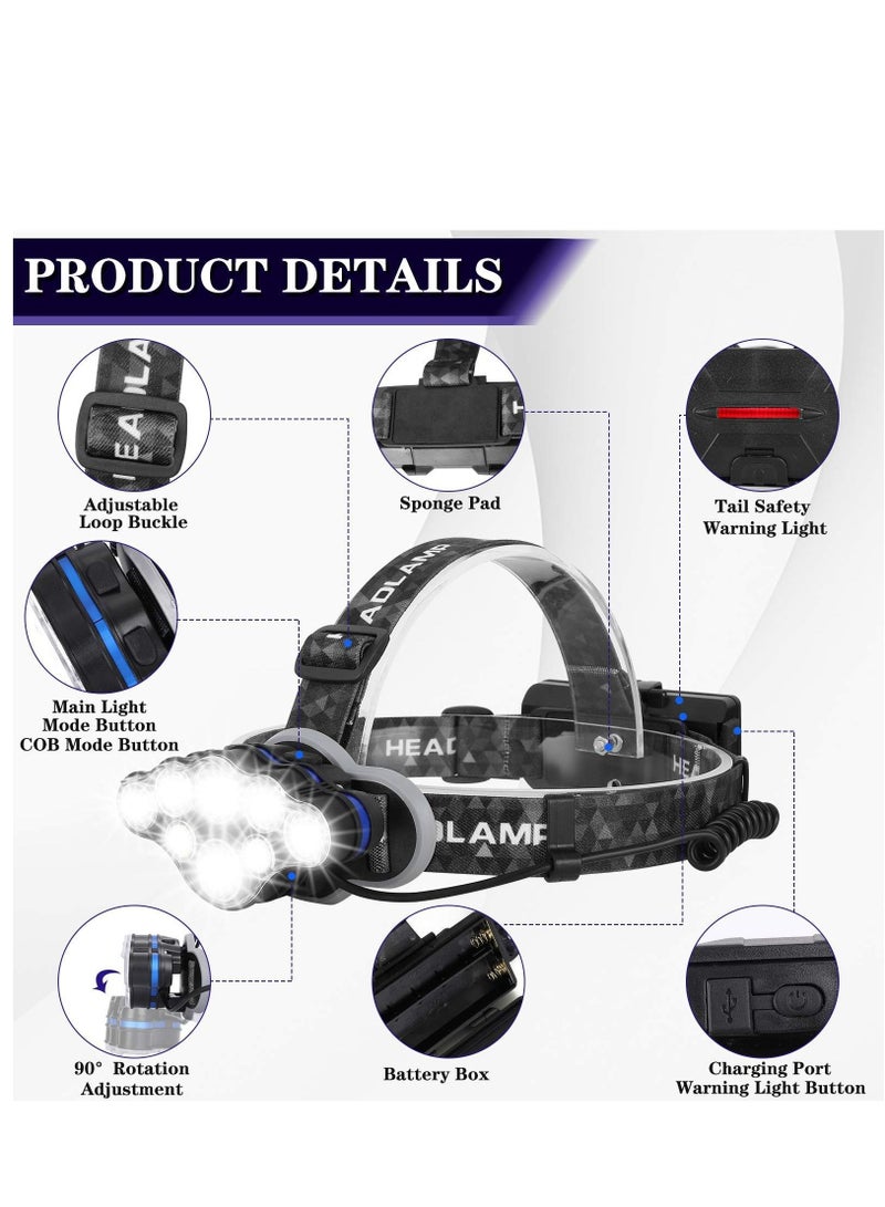 Head Torch Super Bright Headlight 18000 Lumens 8 LED 8 Modes Headlamp Rechargeable Waterproof with Red Flash Light Head Torch for Camping Fishing Running