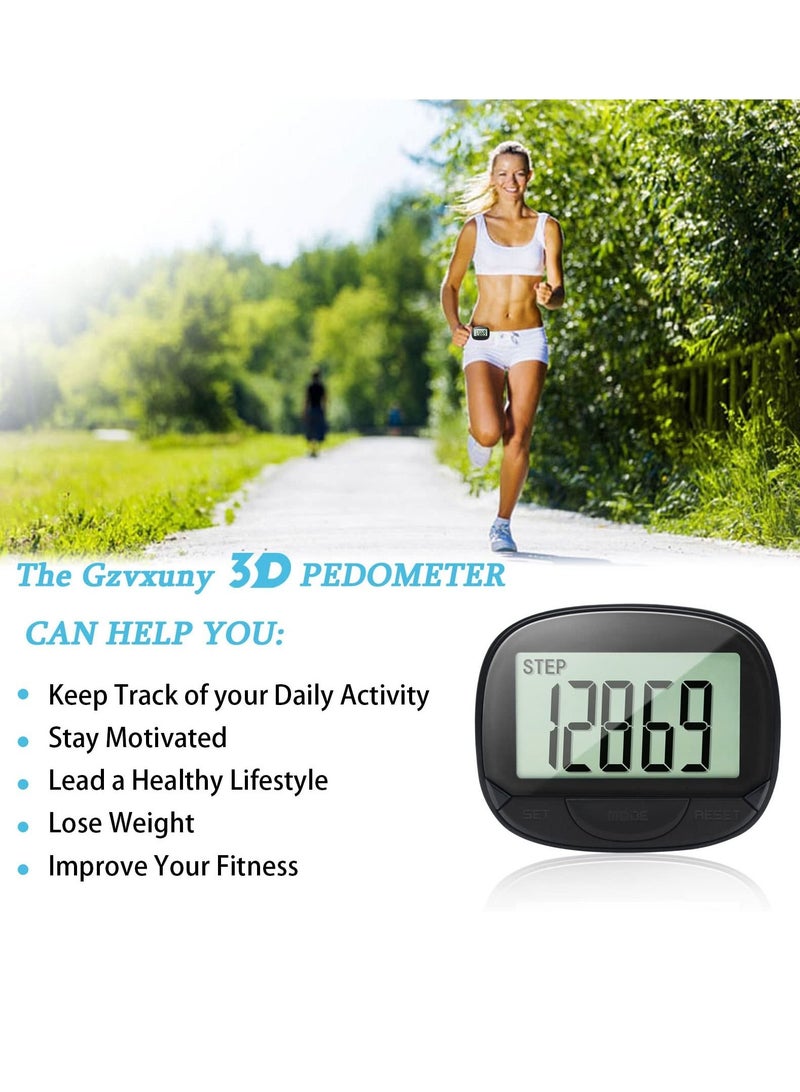 3D Pedometer with Clip, Walking Step Counter with Large Display for Men Women Kids, Track Steps and Miles/Km, Calories Burned, Clock, Distance (Black)