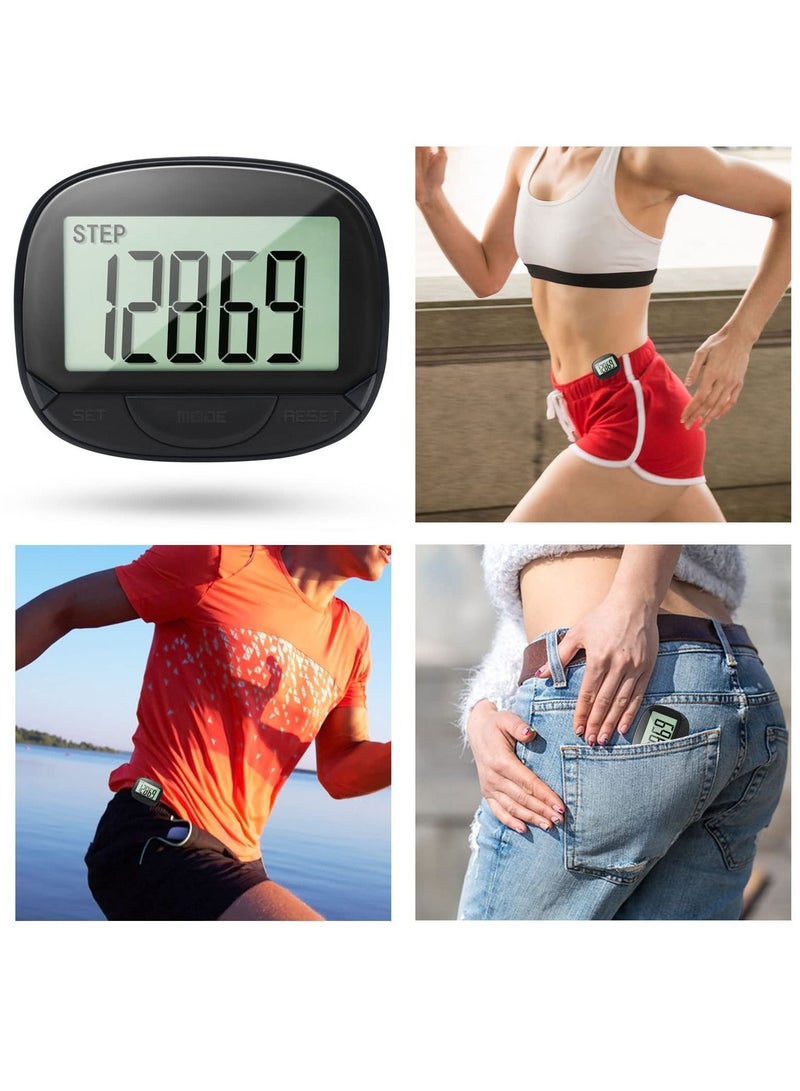 3D Pedometer with Clip, Walking Step Counter with Large Display for Men Women Kids, Track Steps and Miles/Km, Calories Burned, Clock, Distance (Black)