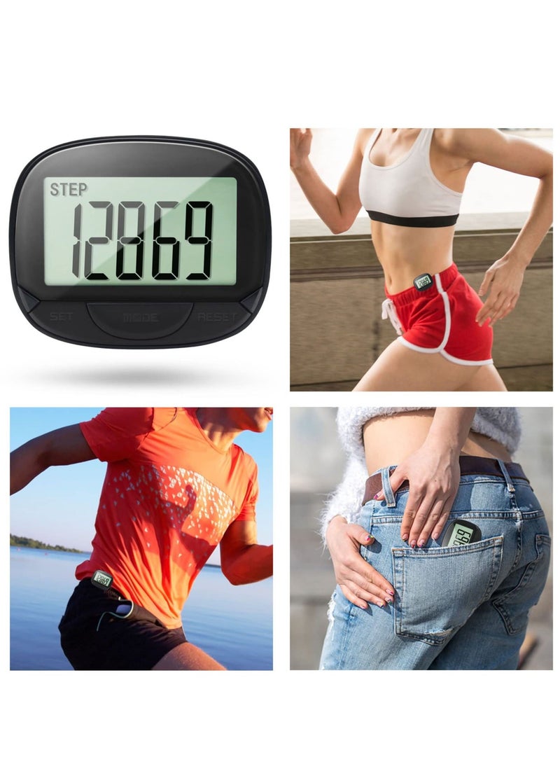 3D Pedometer with Clip, Walking Step Counter with Large Display for Men Women Kids, Track Steps and Miles/Km, Calories Burned, Clock, Distance (Black)