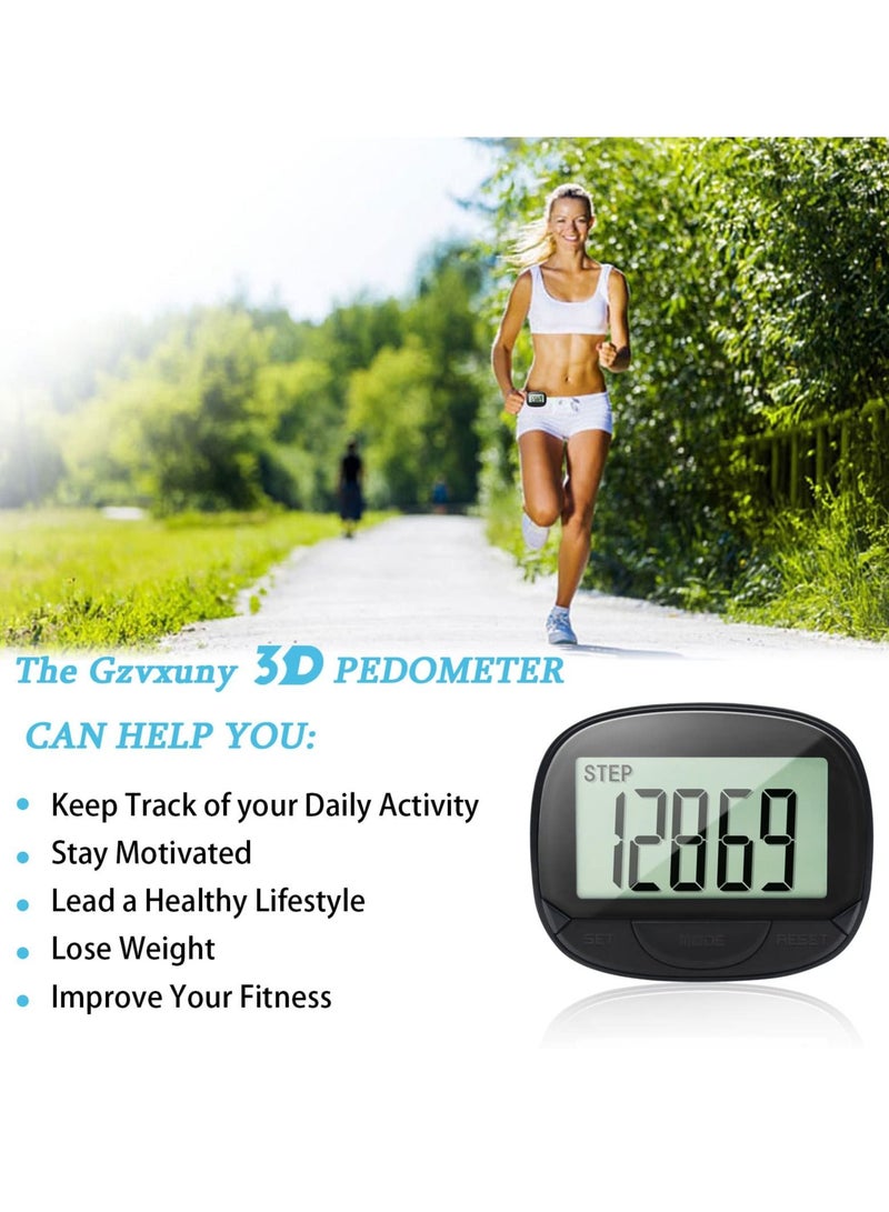 3D Pedometer with Clip, Walking Step Counter with Large Display for Men Women Kids, Track Steps and Miles/Km, Calories Burned, Clock, Distance (Black)