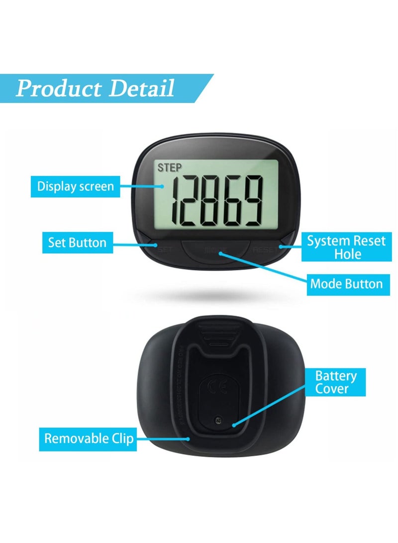 3D Pedometer with Clip, Walking Step Counter with Large Display for Men Women Kids, Track Steps and Miles/Km, Calories Burned, Clock, Distance (Black)