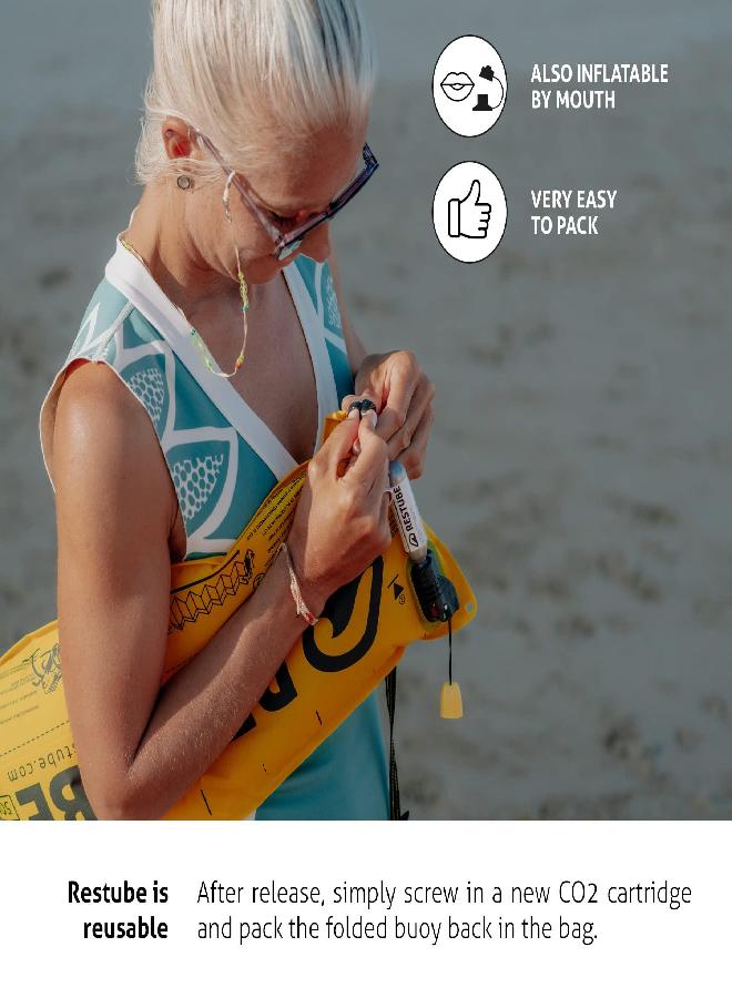 Restube Beach One-Pull Inflatable Water Safety Buoy | Float Buoyancy Aid for Swimming, Fishing, Sailing & SUP | Compact One Size Fits All Survival Kickboard