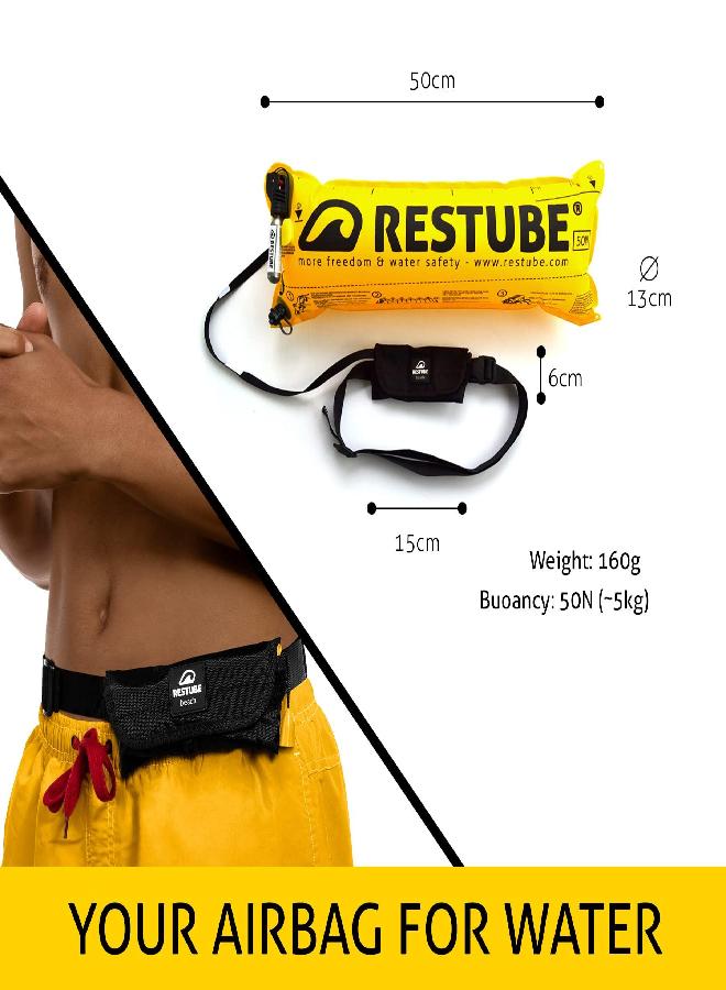 Restube Beach One-Pull Inflatable Water Safety Buoy | Float Buoyancy Aid for Swimming, Fishing, Sailing & SUP | Compact One Size Fits All Survival Kickboard