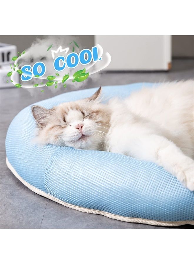 Cooling Cat Bed, Soft Summer Ice Dog Bed Pet Pad Cushion for Small Dog Sleeping, Round Breathable Mat with Waterproof Cover and Bottom, Non-Slip Back Washable Blue 23.6