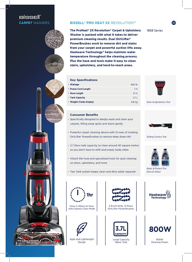 Upright Carpet Washer ProHeat 2x Revolution Deep Cleaner: TurboStrength Motor Technology, Max Clean Mode, Express Clean Mode, Heatwave Technology, Dual DirtLifter Powerbrushes 3.7 L 800 W 1858E Mambo Blue