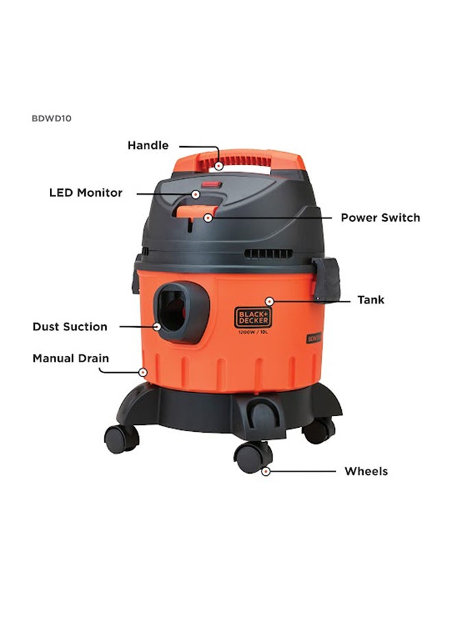 1200W 10 Liter Wet And Dry Heavy Duty Tank Drum Vacuum Cleaner 10 L 1200 W WDBD10-B5 Orange/Black