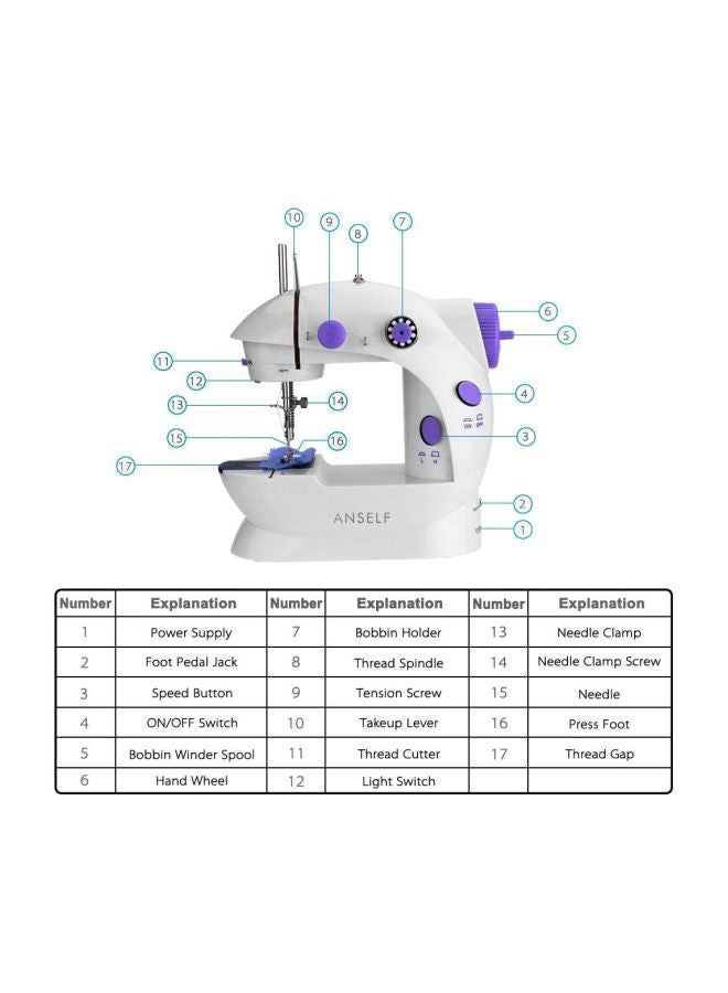 2-Speed Electric Sewing Machine With Light Foot Pedal H16669 White/Purple