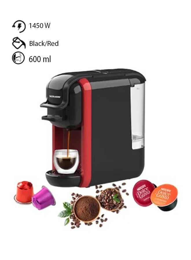 3 in 1 Multifunction Espresso Coffee Machine - with 600ML Detachable Water Tank | 3 Optional Adaptors and Auto Shut Off Options 600 ml 1450 W SCM-4969 Black/Red