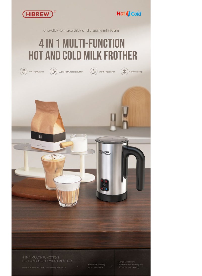 HiBREW 4 in 1 Portable Electric 450W Silver Milk Frother Frothing Foamer Fully automatic Milk Warmer Cold/Hot Latte Cappuccino Chocolate Protein powder M3A