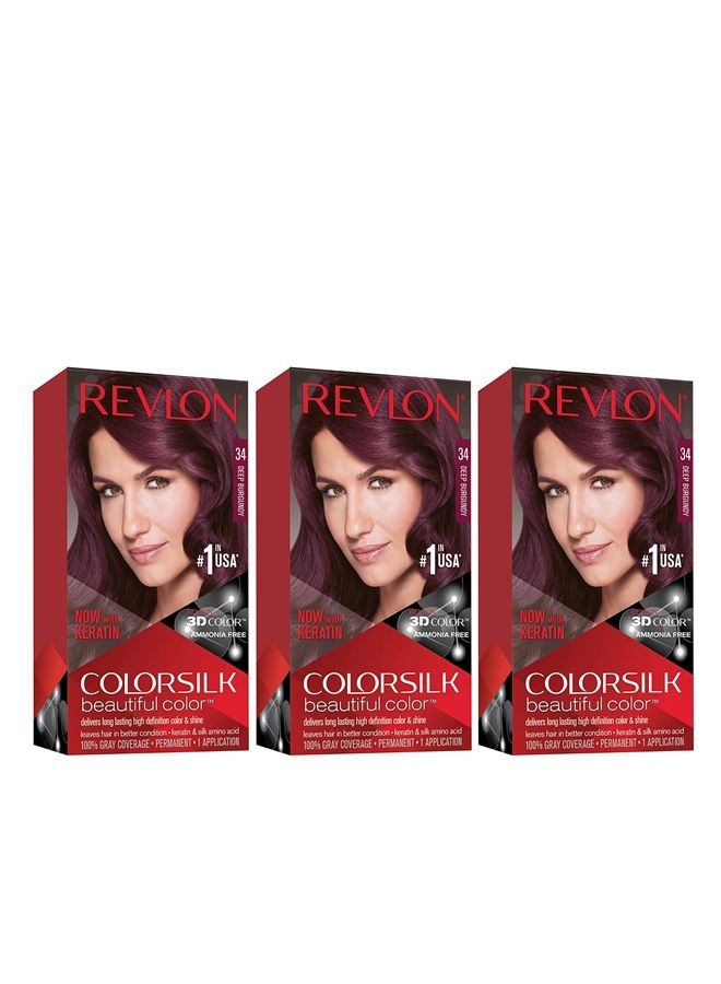Revlon Permanent Hair Color, Permanent Hair Dye, Colorsilk with 100% Gray Coverage, Ammonia-Free, Keratin and Amino Acids, 34 Deep Burgandy, 4.4 Oz (Pack of 3)