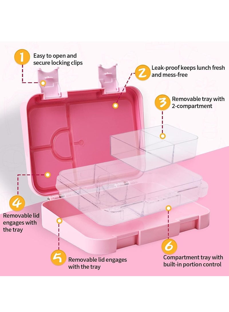 Children's Bento Box-Bento Lunch Box with 6 Compartments - Leak-Proof Lunch Box for Boys, Girls, BPA-Free, Microwave Dishwasher Safe, Lunch Box for School (Pink)