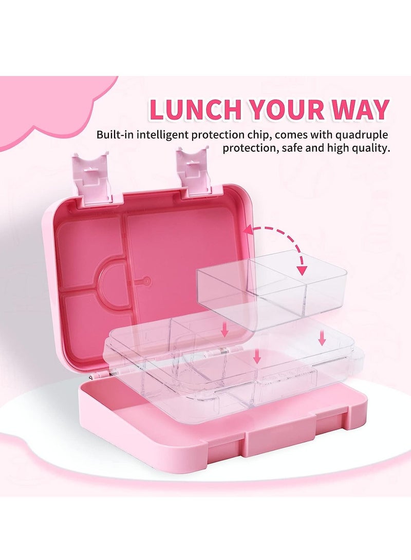 Children's Bento Box-Bento Lunch Box with 6 Compartments - Leak-Proof Lunch Box for Boys, Girls, BPA-Free, Microwave Dishwasher Safe, Lunch Box for School (Pink)