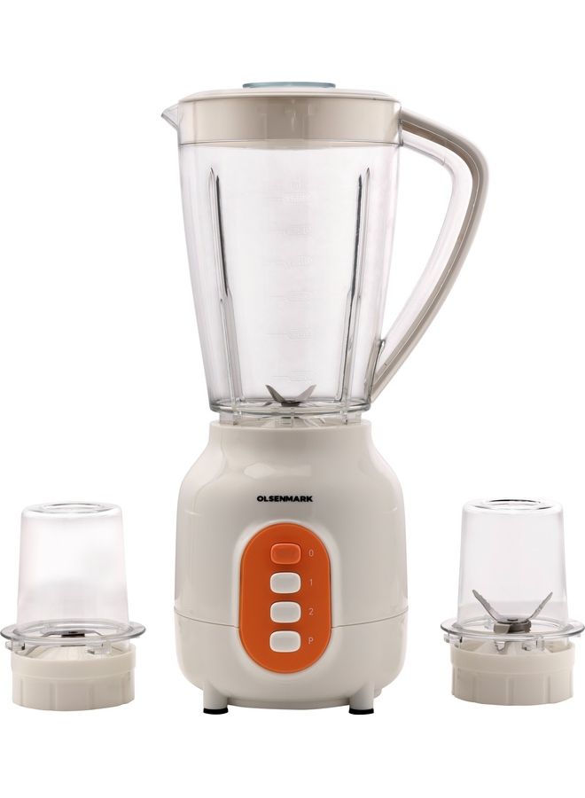 3-IN-1 Blender- Stainless Steel blades  | Transparent Unbreakable PC Glass Jars with Stainless Steel Blades for Blending, Grinding and Mincing| 2 Speed with Pulse Function| Sa 450 W OMSB7005 White and Orange