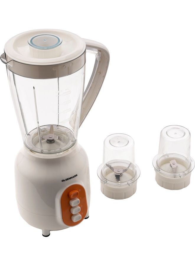 3-IN-1 Blender- Stainless Steel blades  | Transparent Unbreakable PC Glass Jars with Stainless Steel Blades for Blending, Grinding and Mincing| 2 Speed with Pulse Function| Sa 450 W OMSB7005 White and Orange