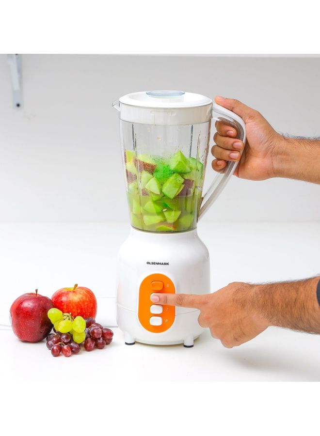 3-IN-1 Blender- Stainless Steel blades  | Transparent Unbreakable PC Glass Jars with Stainless Steel Blades for Blending, Grinding and Mincing| 2 Speed with Pulse Function| Sa 450 W OMSB7005 White and Orange
