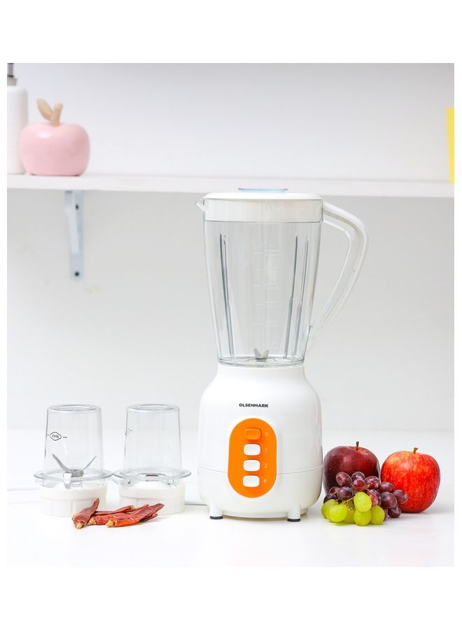 3-IN-1 Blender- Stainless Steel blades  | Transparent Unbreakable PC Glass Jars with Stainless Steel Blades for Blending, Grinding and Mincing| 2 Speed with Pulse Function| Sa 450 W OMSB7005 White and Orange