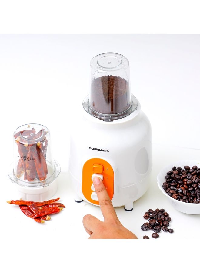 3-IN-1 Blender- Stainless Steel blades  | Transparent Unbreakable PC Glass Jars with Stainless Steel Blades for Blending, Grinding and Mincing| 2 Speed with Pulse Function| Sa 450 W OMSB7005 White and Orange