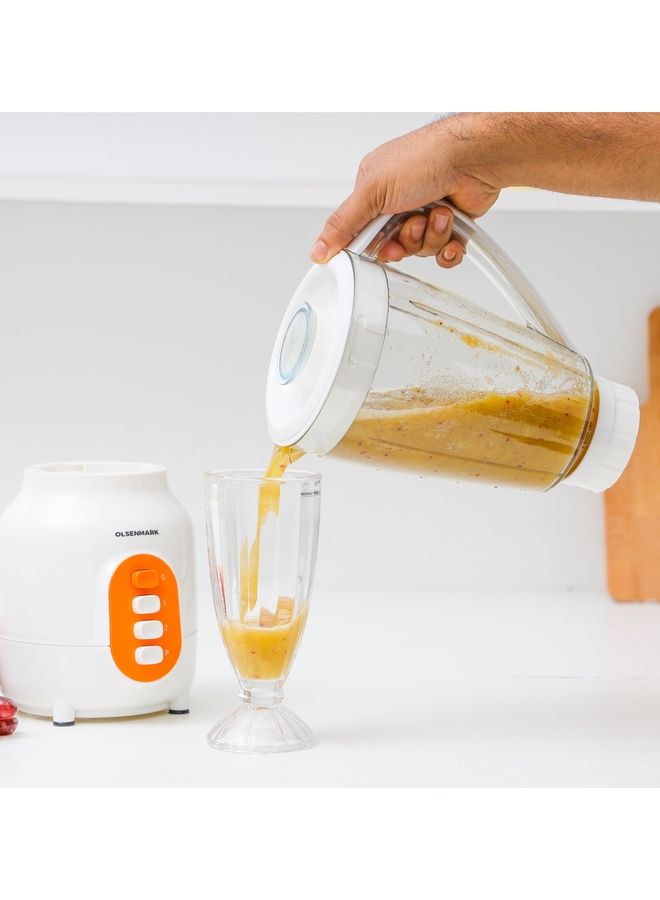 3-IN-1 Blender- Stainless Steel blades  | Transparent Unbreakable PC Glass Jars with Stainless Steel Blades for Blending, Grinding and Mincing| 2 Speed with Pulse Function| Sa 450 W OMSB7005 White and Orange