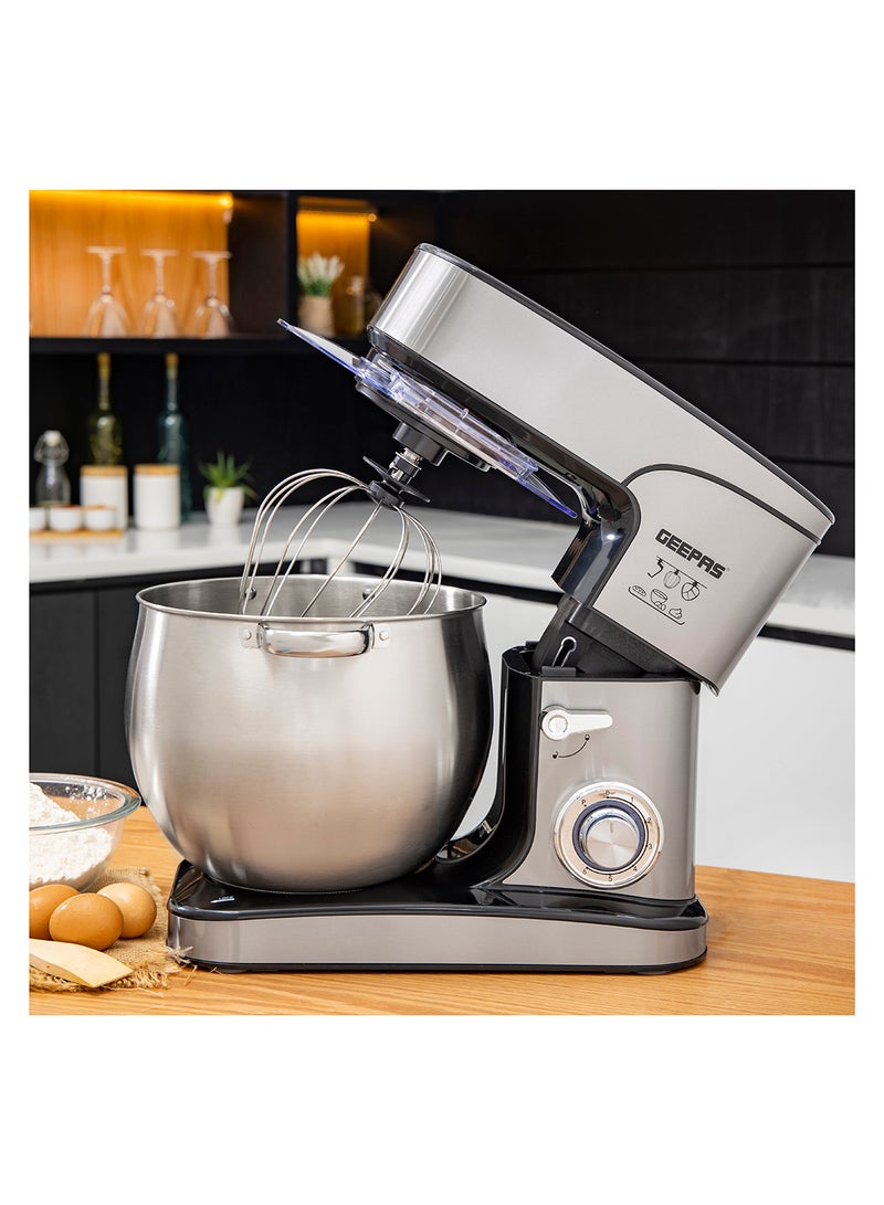 Geepas Kitchen Machine | 6 Level Mixing Speed Control, 12L Stainless Steel Bowl with Handles & Transparent Anti-Splash Lid | LED Power Indicator | 2000W Powerful Motor 12 L 2000 kW GSM43042 Silver