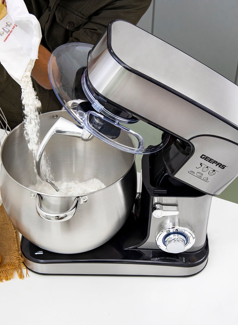 Geepas Kitchen Machine | 6 Level Mixing Speed Control, 12L Stainless Steel Bowl with Handles & Transparent Anti-Splash Lid | LED Power Indicator | 2000W Powerful Motor 12 L 2000 kW GSM43042 Silver