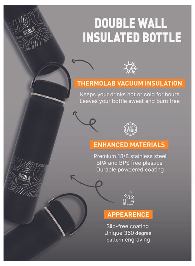 750ml Vacuum Insulated Water Bottle, Double Wall Thermolab series Stainless Steel Drinking Flask with Straw Lid & Wide Mouth, 2 lids, Hot Cold Thermos Sports Bottle, 24oz (Mountain Black)