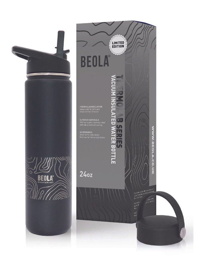 750ml Vacuum Insulated Water Bottle, Double Wall Thermolab series Stainless Steel Drinking Flask with Straw Lid & Wide Mouth, 2 lids, Hot Cold Thermos Sports Bottle, 24oz (Mountain Black)