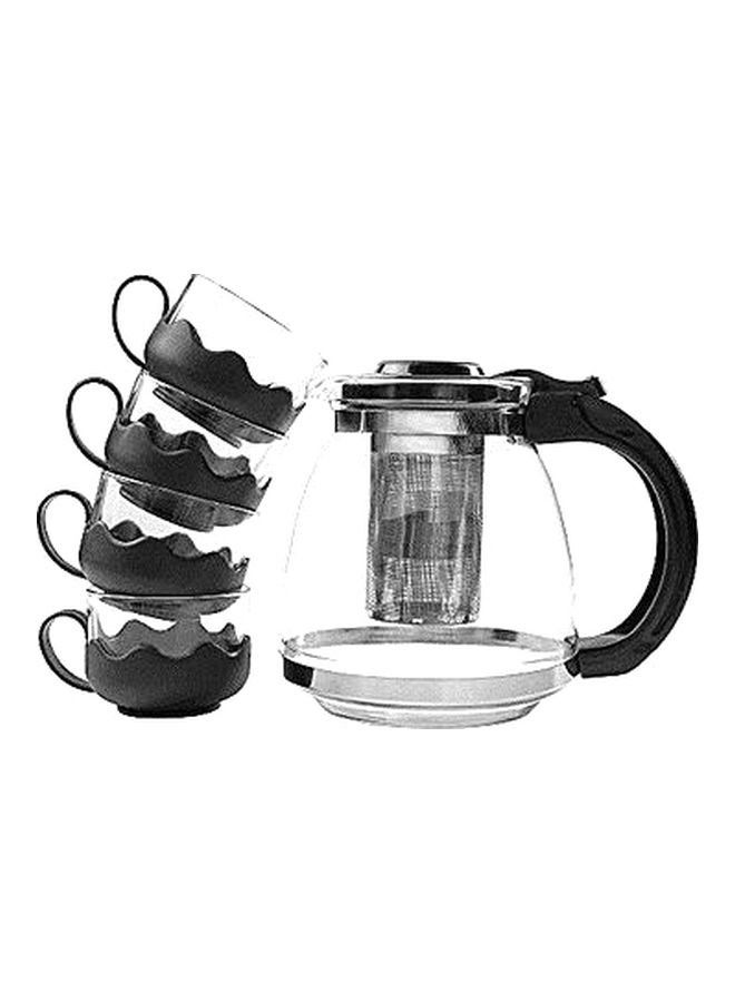 5-Piece Cup And Teapot Set Clear/Black