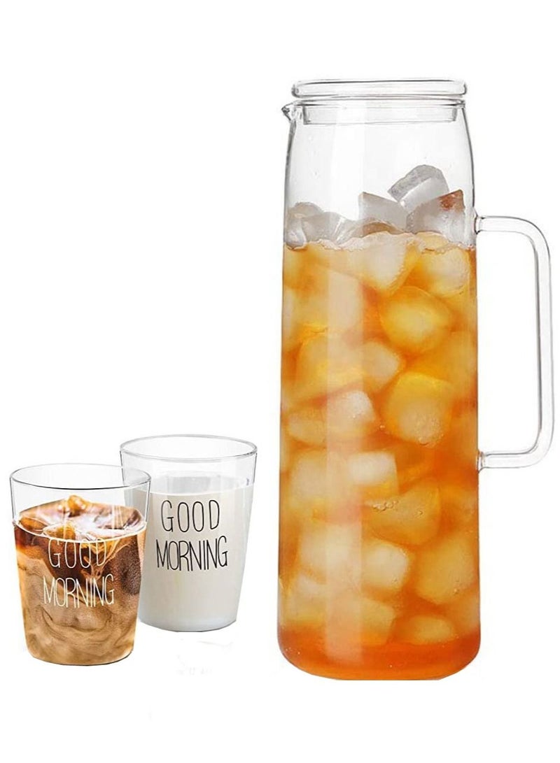 Borosilicate Water Jug With Glass Lid 1500 ML and 2 Pcs Good Morning Printed Glass  Set