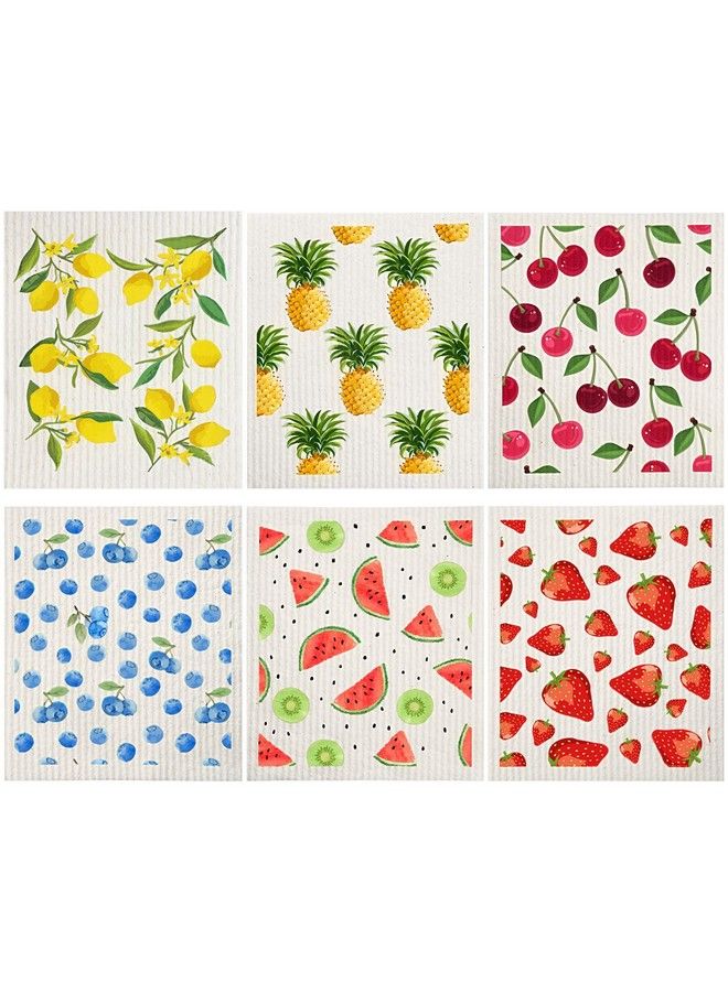 Mixed Fruit Swedish Kitchen Dishcloths Reusable Dish Towels Absorbent And Fast Dry Cleaning Cloths For Kitchen Blueberry Cherry Strawberry Lemon Pineapple Watermelon Cleaning Wipes (6 Pieces)