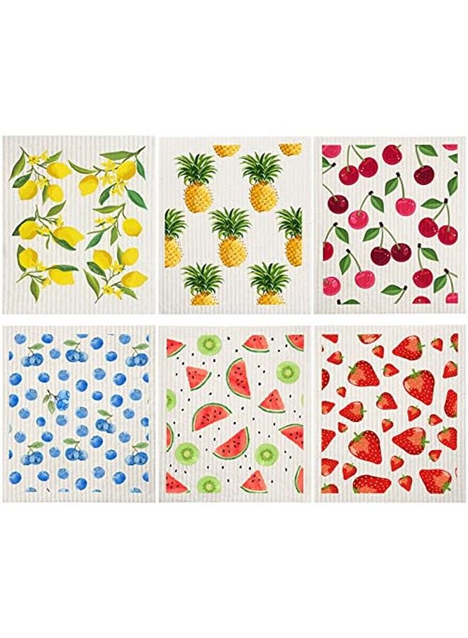 Mixed Fruit Swedish Kitchen Dishcloths Reusable Dish Towels Absorbent And Fast Dry Cleaning Cloths For Kitchen Blueberry Cherry Strawberry Lemon Pineapple Watermelon Cleaning Wipes (6 Pieces)