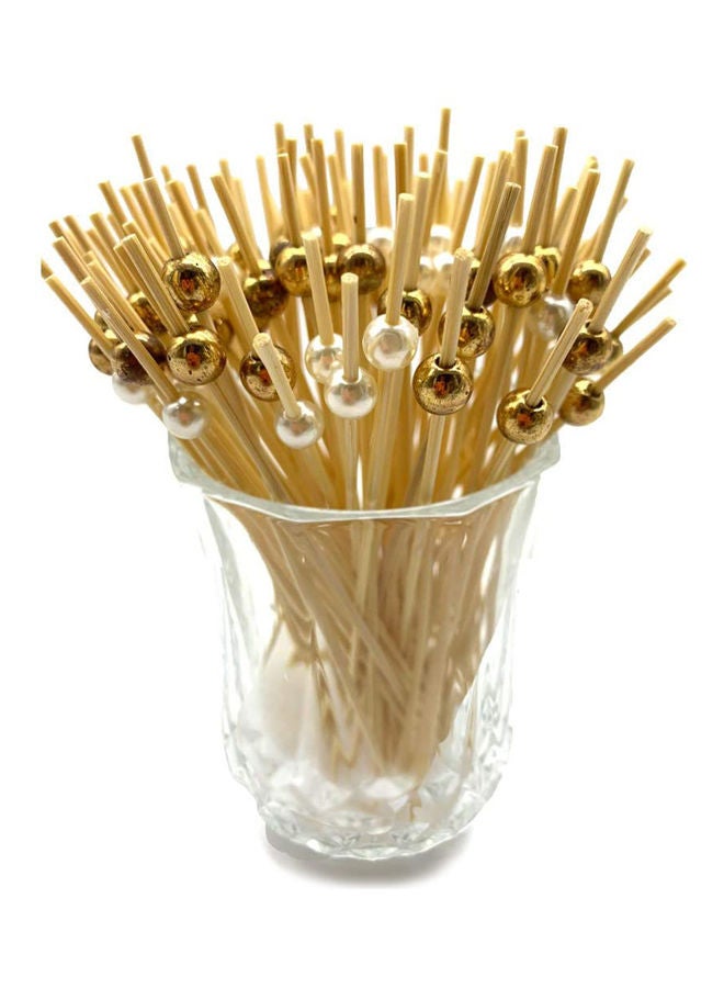 100-Piece Bamboo Fruit Pick Set Beige/White/Gold 12cm