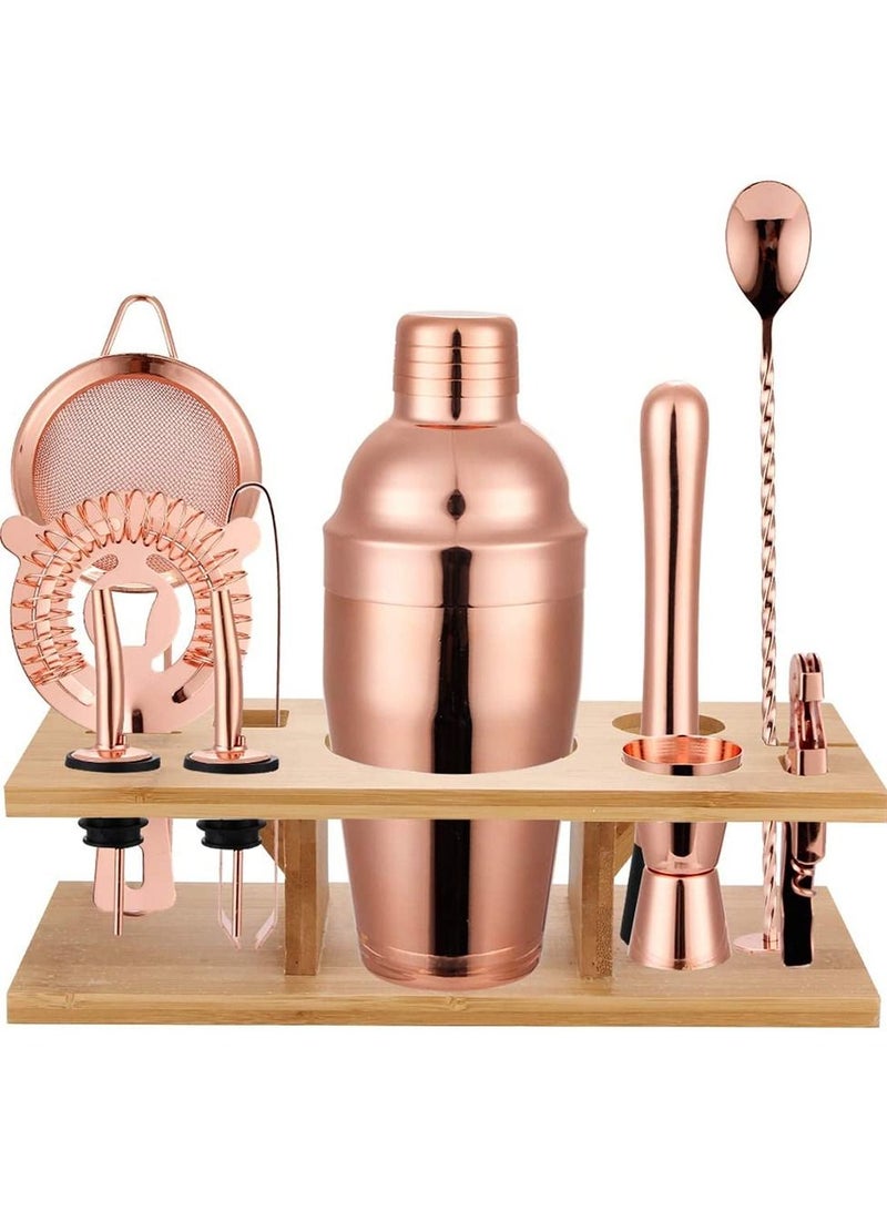 11-Piece Cocktail Shaker Set With Bamboo Organizer Rack Rose Gold