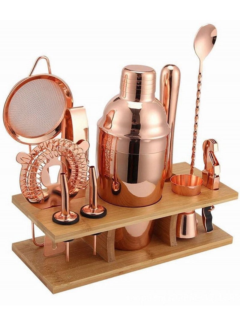 11-Piece Cocktail Shaker Set With Bamboo Organizer Rack Rose Gold