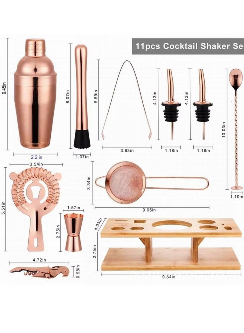 11-Piece Cocktail Shaker Set With Bamboo Organizer Rack Rose Gold