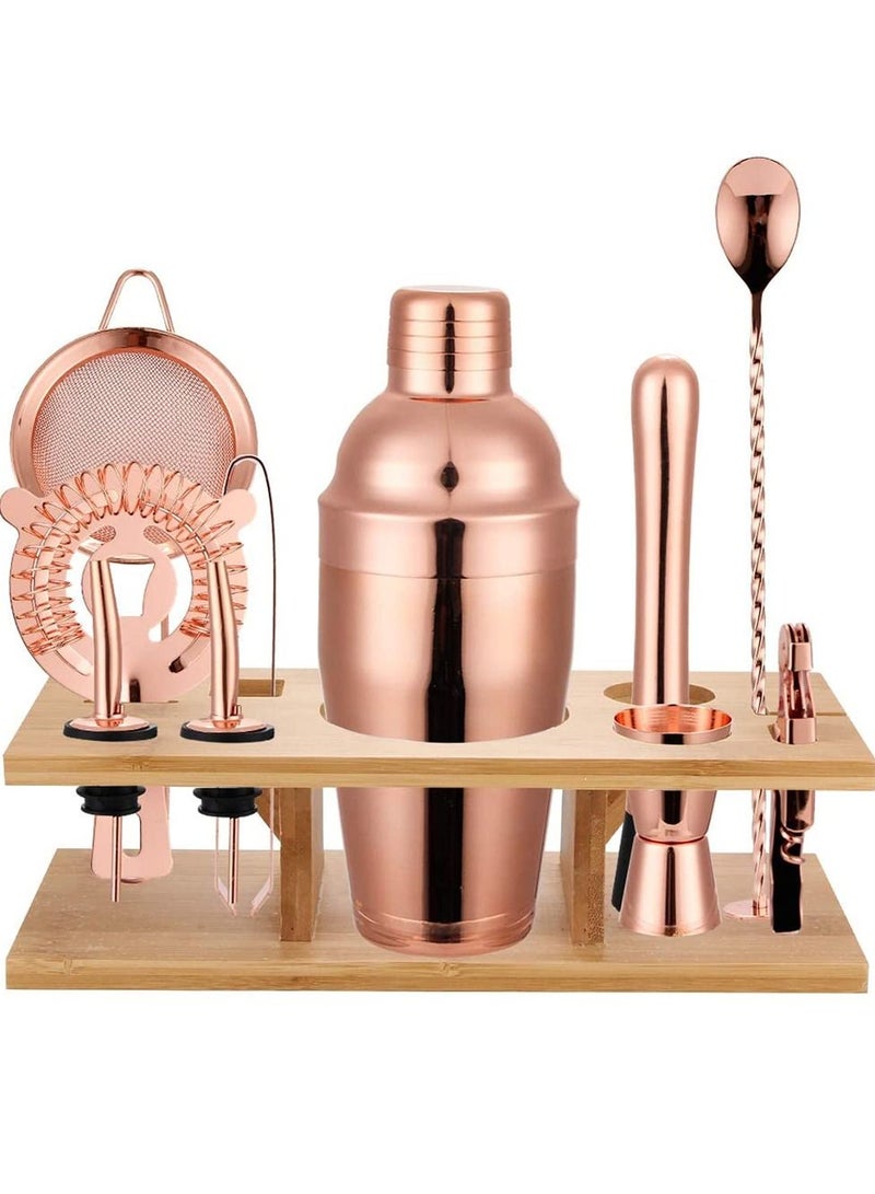 11-Piece Cocktail Shaker Set With Bamboo Organizer Rack Rose Gold