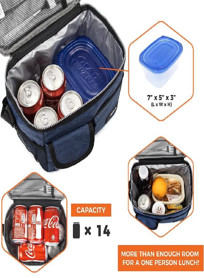 opux Insulated Lunch Box for Men Women, Leakproof Thermal Lunch Bag Cooler Work Office School, Soft Reusable Lunch Tote with Shoulder Strap, Adult Kid Lunch Pail Kit, 14 Cans, Navy Blue