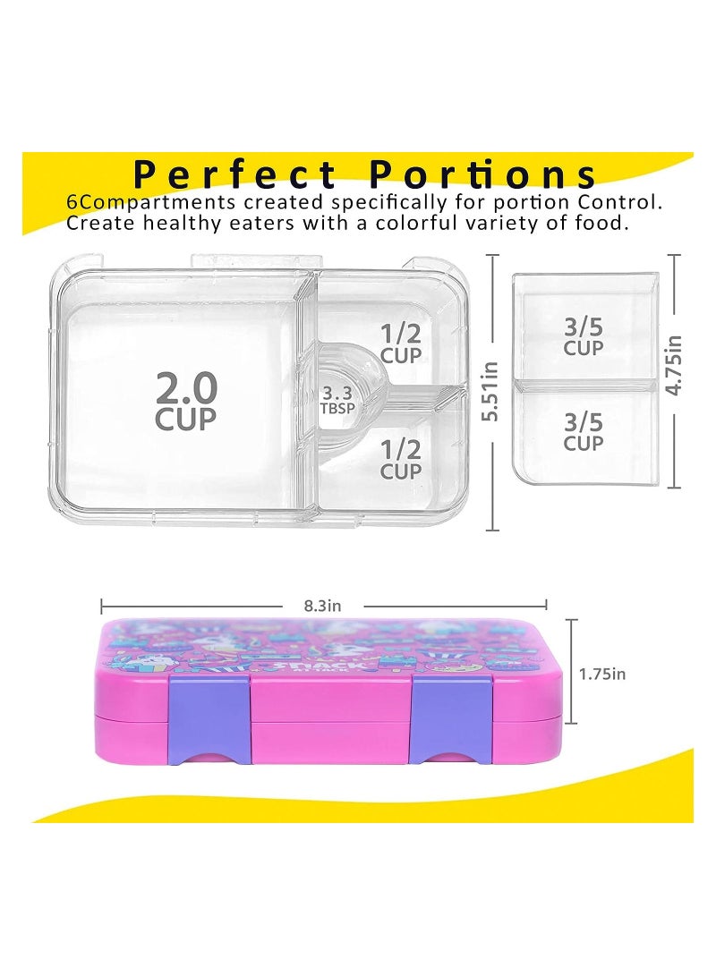 Snack Attack TM Bento Lunch Box for kids Pink Unicorn Color for Kids| 4or6 Convertible Compartments BPA FREE LEAKPROOF Dishwasher Safe Back to School Season for children Boys Girls Toddlers