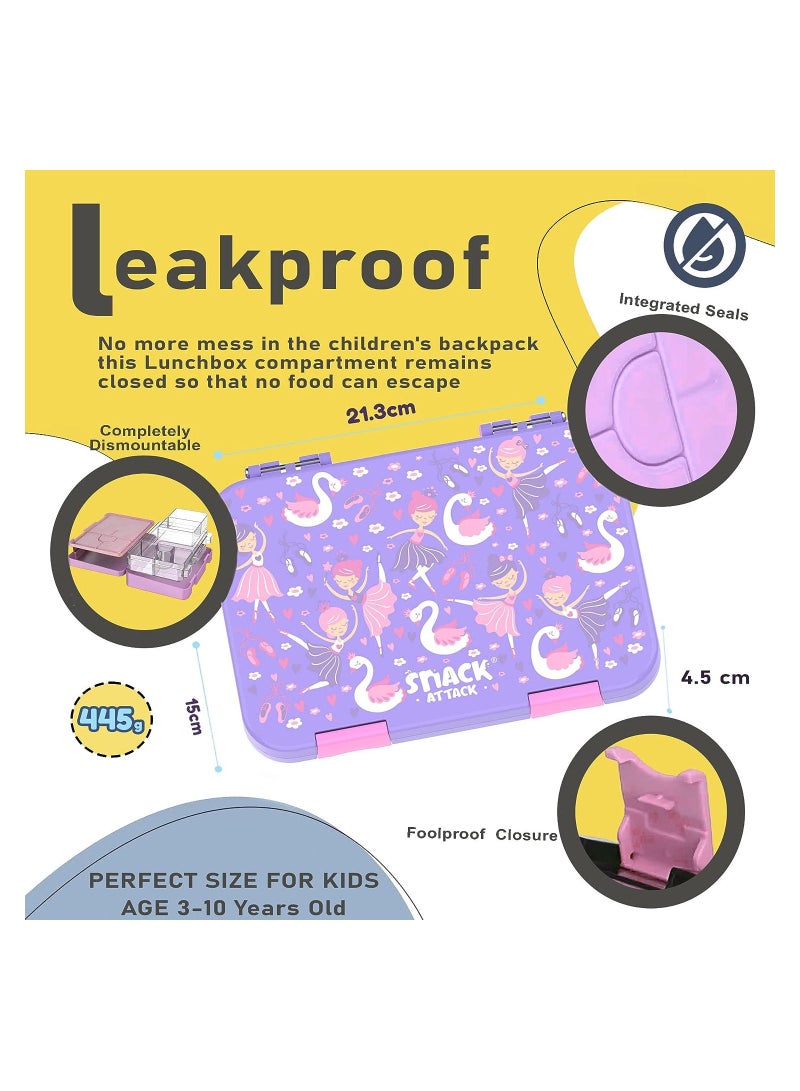 Snack Attack TM Bento Lunch Box for kids Lilac Purple Ballerina Color for Kids| 4 or 6 Convertible Compartments BPA FREE LEAKPROOF Dishwasher Safe Back to School Season for children Boys Girls Toddler