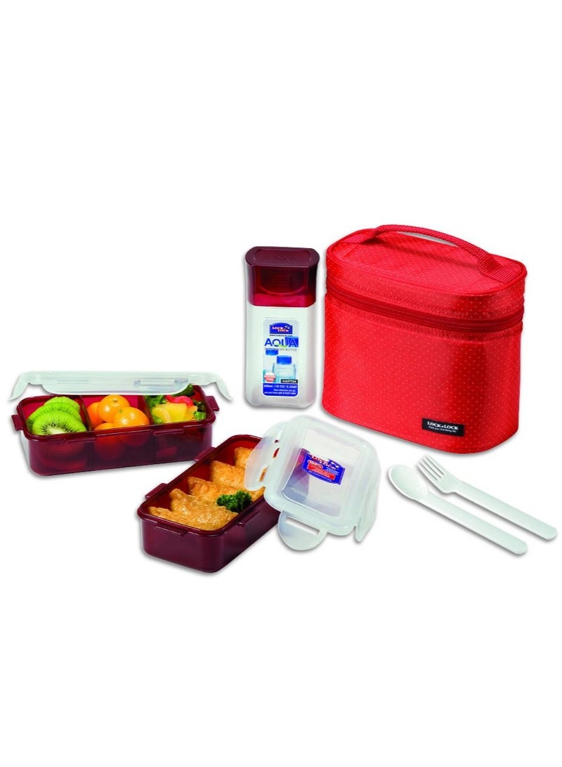 LocknLock 3PC Insulated Lunch Bag Set - Red, Airtight and BPA-Free Containers with Water Bottle