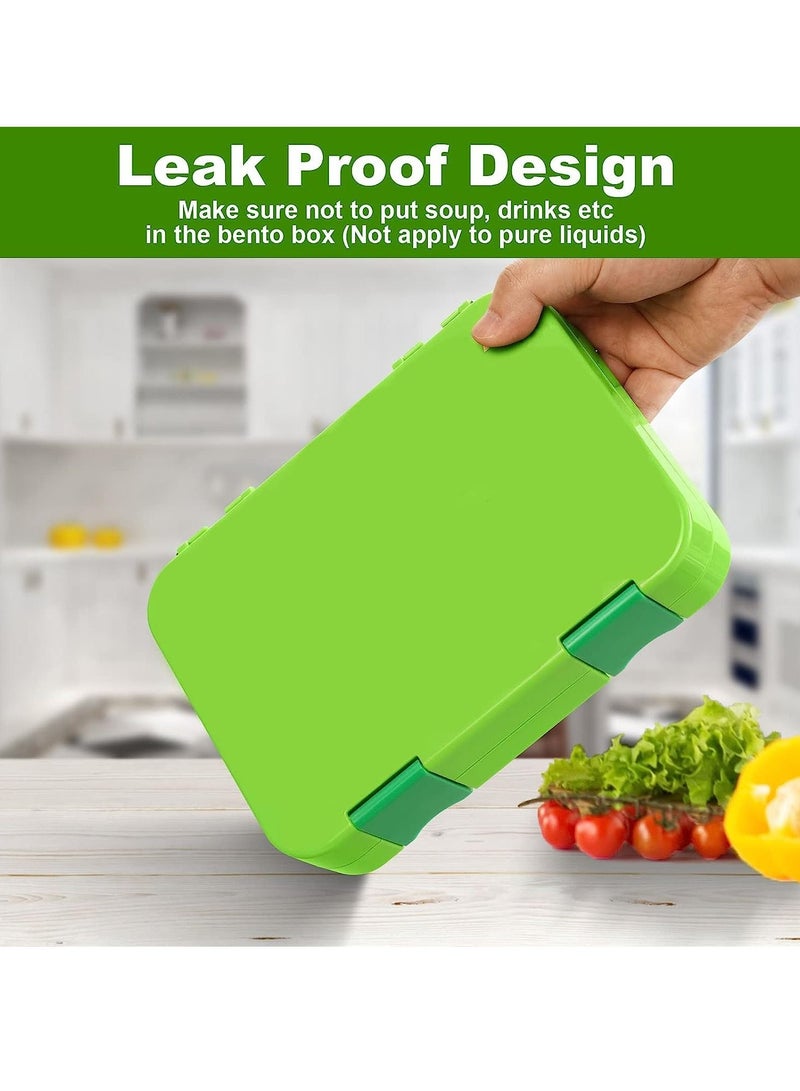 Children's Bento Lunch Box with 6 Compartments - Leak Proof Lunch Box for Boys, Girls, BPA-Free, Microwave Dishwasher Safe, Lunch Box for School (Green)