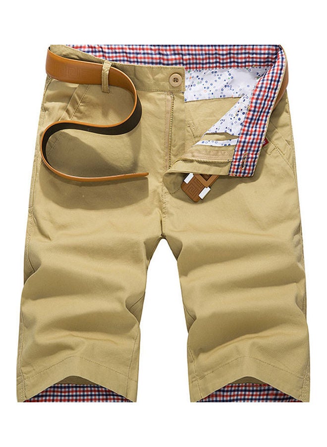 Solid Pattern Mid Rise  Casual Shorts Brown