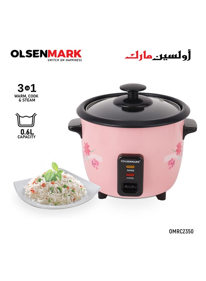 Multifunctional Rice Cooker With Non-Stick Inner Pot With Cool Touch Handle/Includes Cook And Keep Warm Functions, Equipped With Tempered Glass Lid, Rice Spoon, Plastic Inner Steamer And Measuring Cup 0.6 L 350 W OMRC2350H Pink/Silver