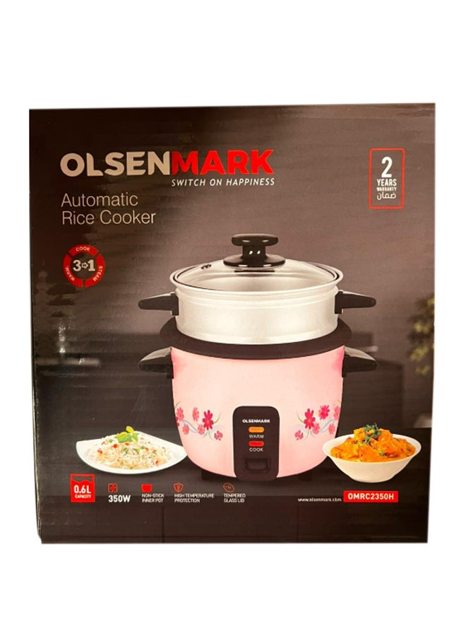 Multifunctional Rice Cooker With Non-Stick Inner Pot With Cool Touch Handle/Includes Cook And Keep Warm Functions, Equipped With Tempered Glass Lid, Rice Spoon, Plastic Inner Steamer And Measuring Cup 0.6 L 350 W OMRC2350H Pink/Silver