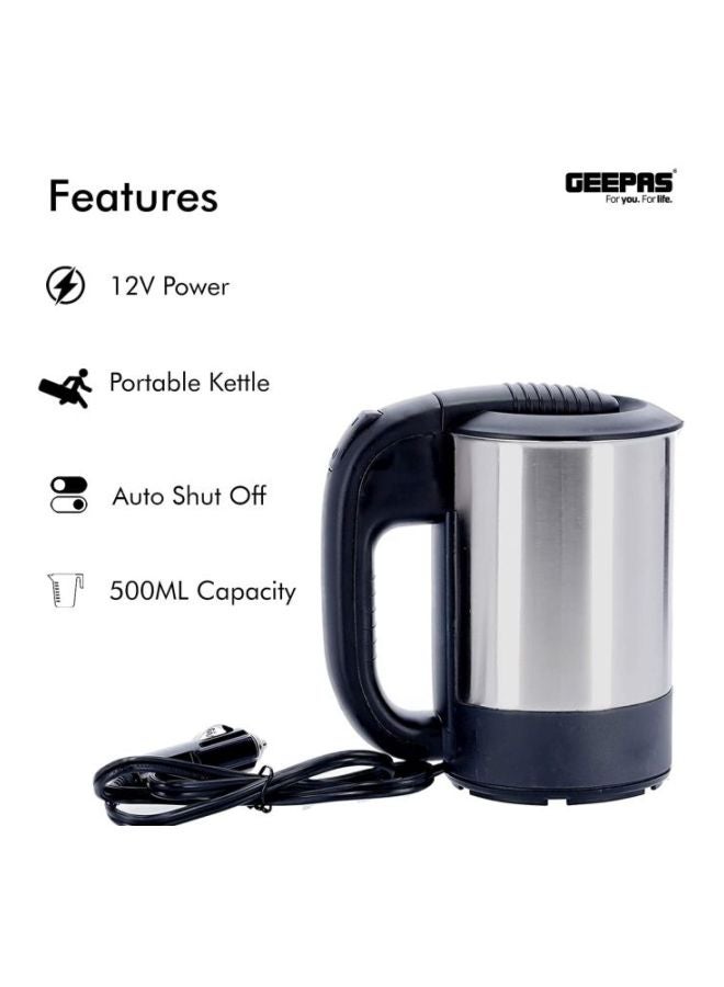 12V Stainless steel Car Kettle- Water Heater for Caravans- 500ml-  Stainless-Steel Electric Car Kettle with Cigarette Lighter Charger | Quick Hot Water, Coffee, Tea 500 ml 150 W GK38041 sliver