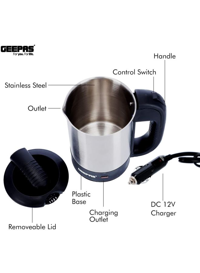 12V Stainless steel Car Kettle- Water Heater for Caravans- 500ml-  Stainless-Steel Electric Car Kettle with Cigarette Lighter Charger | Quick Hot Water, Coffee, Tea 500 ml 150 W GK38041 sliver