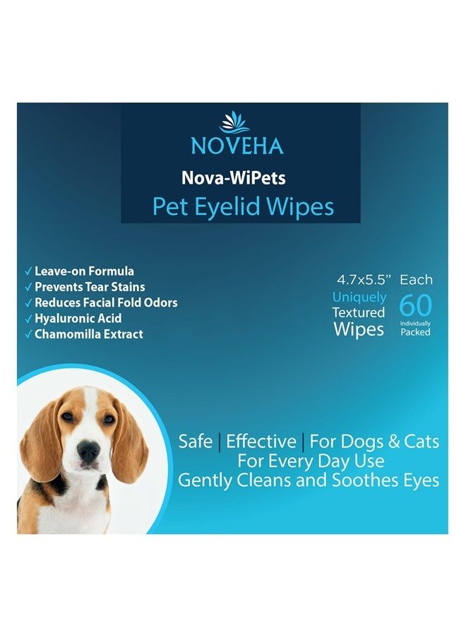 Nove-WiPets™ Ocular Hygiene Wipes for Dogs & Cats | Prevent Tear Stains, Cleanse Facial Folds, Superficial Cuts & Acne with Hyaluronan | Tear Stain Remover 60 pcs