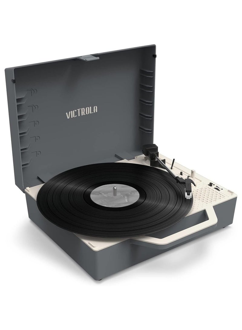 Victrola Re-Spin Sustainable Suitcase Record Player with Built in Bluetooth Speakers 3 Speed Belt Driven Turntable Built-in Bass Radiator 3.5mm Headphone Jack Graphite Grey